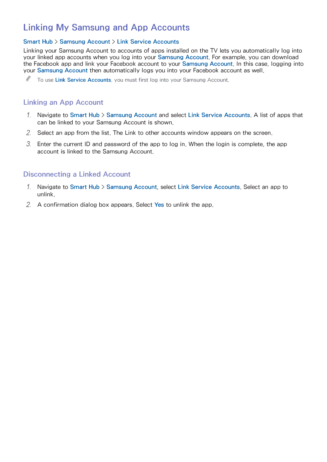 Samsung UA65HU8500RXEG manual Linking My Samsung and App Accounts, Linking an App Account, Disconnecting a Linked Account 