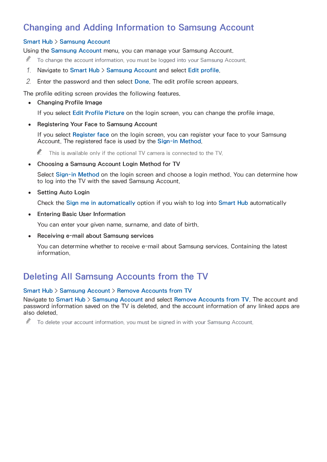 Samsung UA48HU8500RXUM manual Changing and Adding Information to Samsung Account, Deleting All Samsung Accounts from the TV 