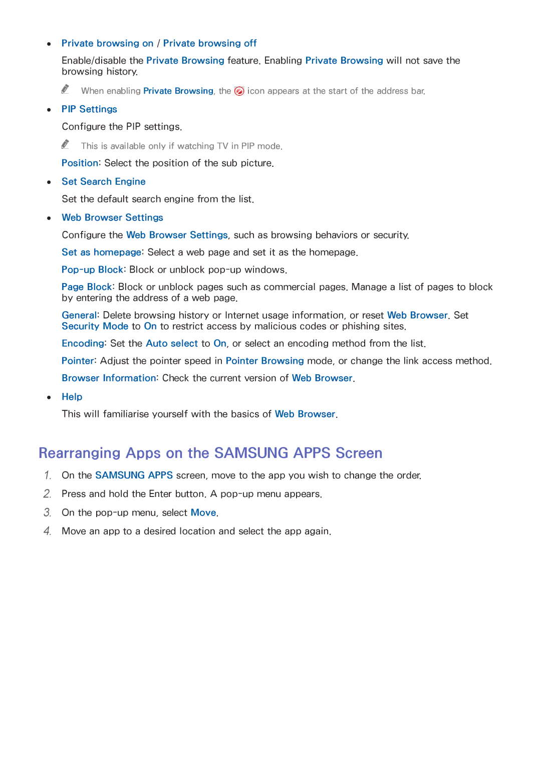 Samsung UA55HU7200RXMM manual Rearranging Apps on the Samsung Apps Screen, Private browsing on / Private browsing off 