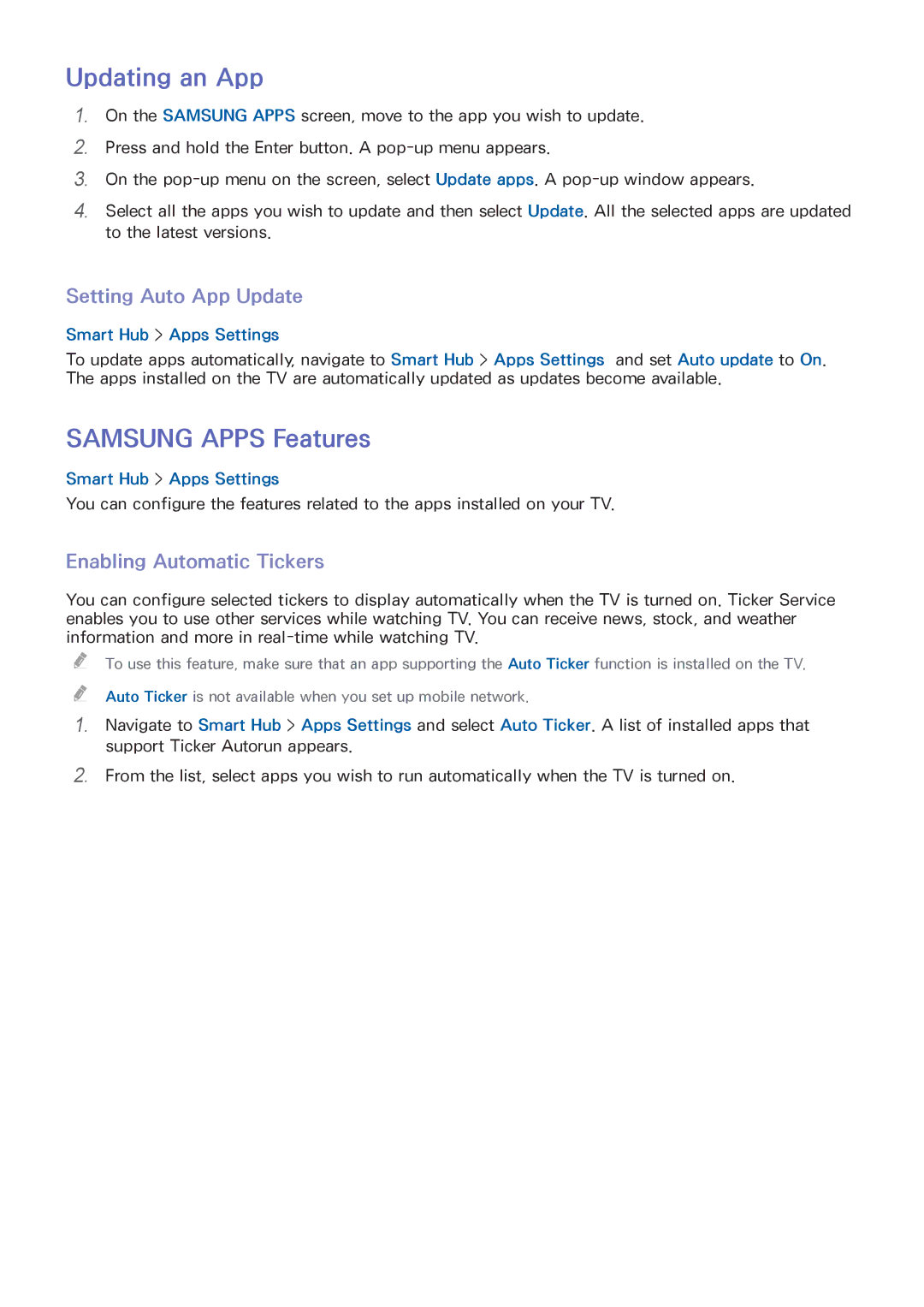 Samsung UA55HU8700RXZN manual Updating an App, Samsung Apps Features, Setting Auto App Update, Enabling Automatic Tickers 