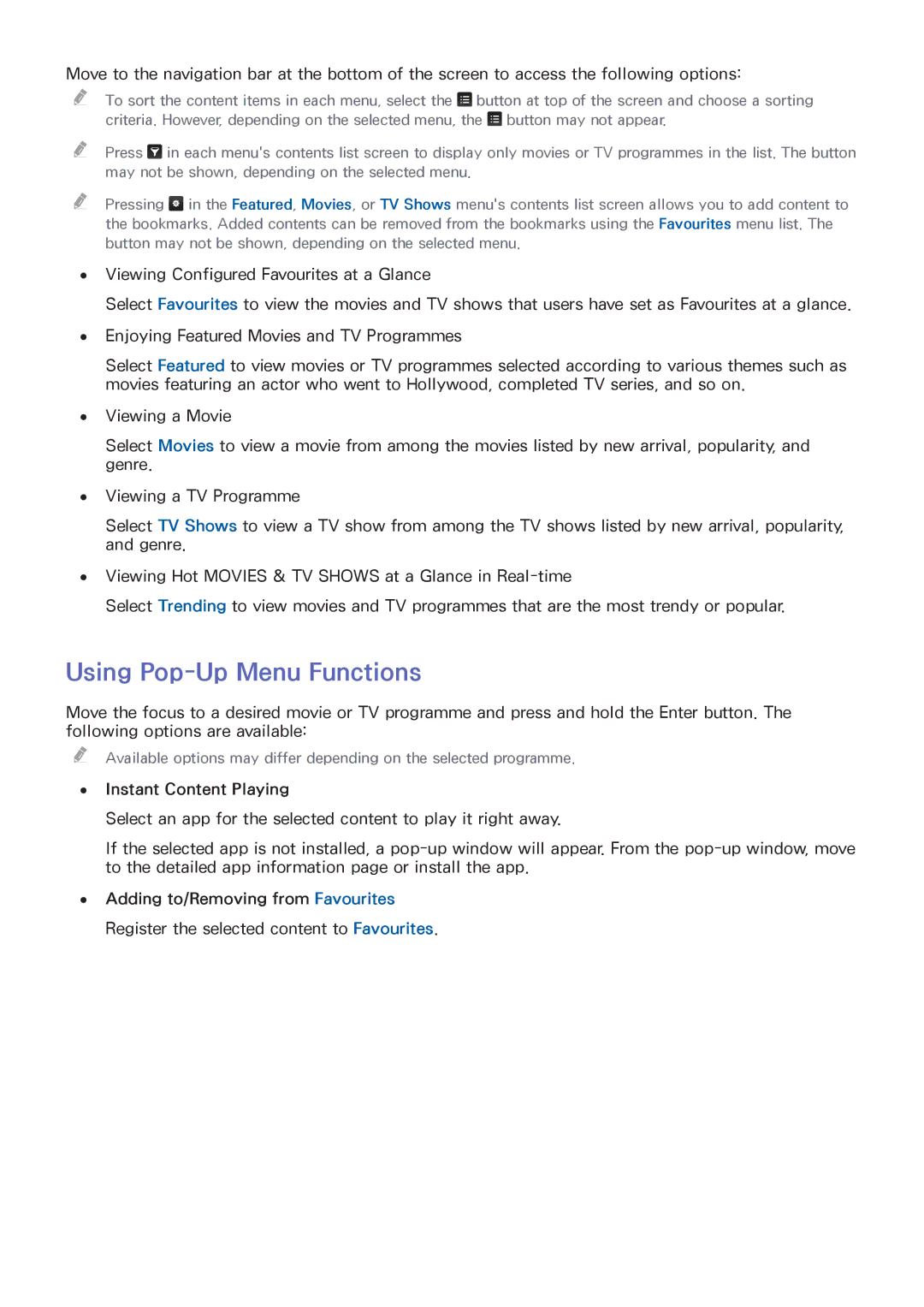 Samsung UA40HU7000RXSK, UA55HU7200RXSK, UA65HU7200RXSK manual Instant Content Playing, Adding to/Removing from Favourites 