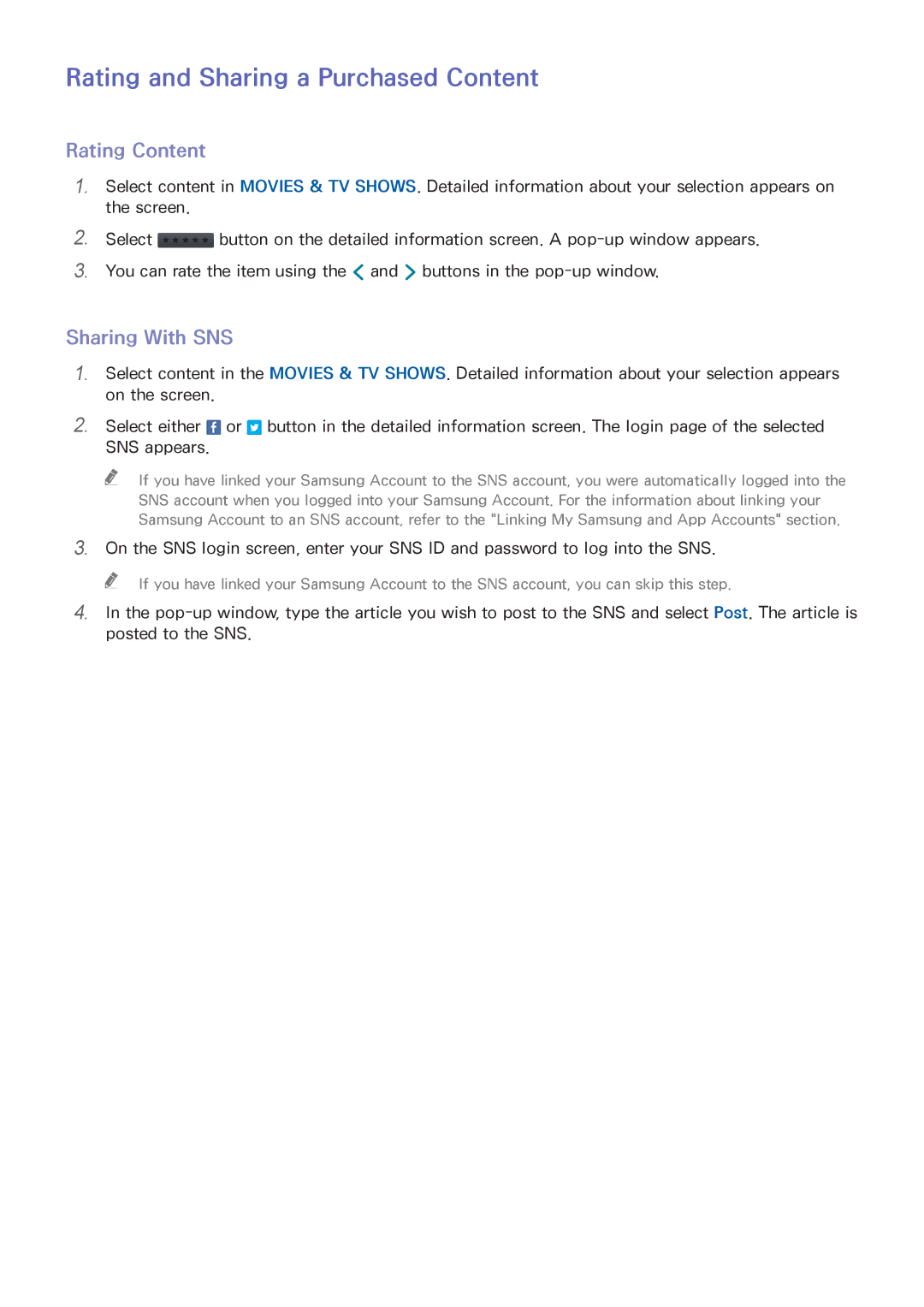 Samsung UA65HU7200RXSK, UA40HU7000RXSK manual Rating and Sharing a Purchased Content, Rating Content, Sharing With SNS 