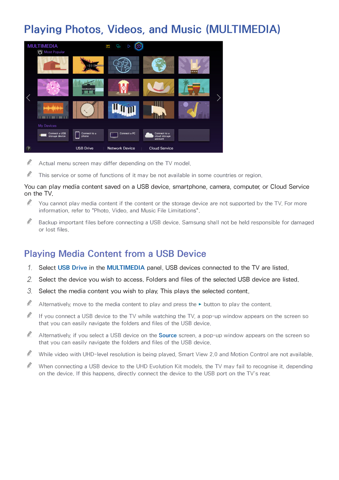 Samsung UA55HU8500RXSK manual Playing Photos, Videos, and Music Multimedia, Playing Media Content from a USB Device 