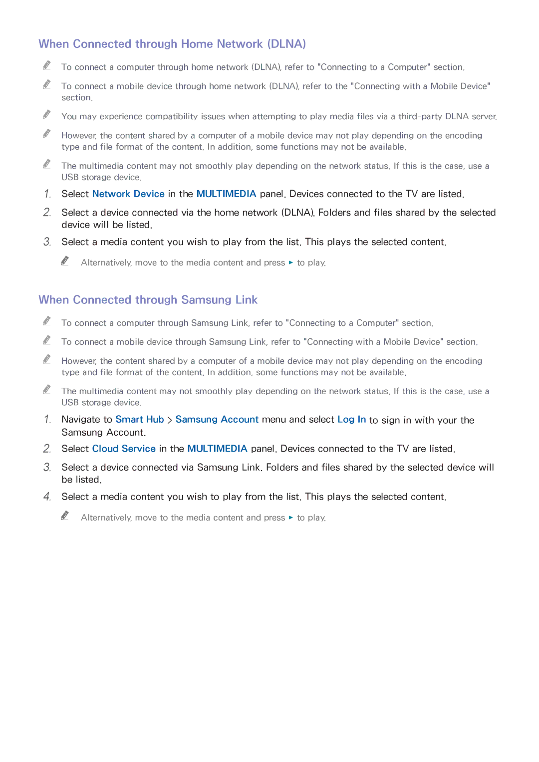 Samsung UA55HU7000RXSK, UA40HU7000RXSK manual When Connected through Home Network Dlna, When Connected through Samsung Link 