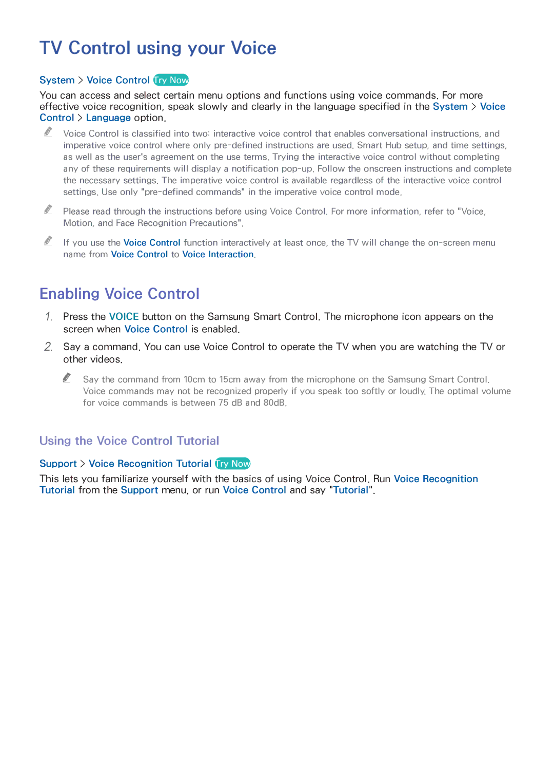 Samsung UA65HU7200RXEG manual TV Control using your Voice, Enabling Voice Control, Using the Voice Control Tutorial 