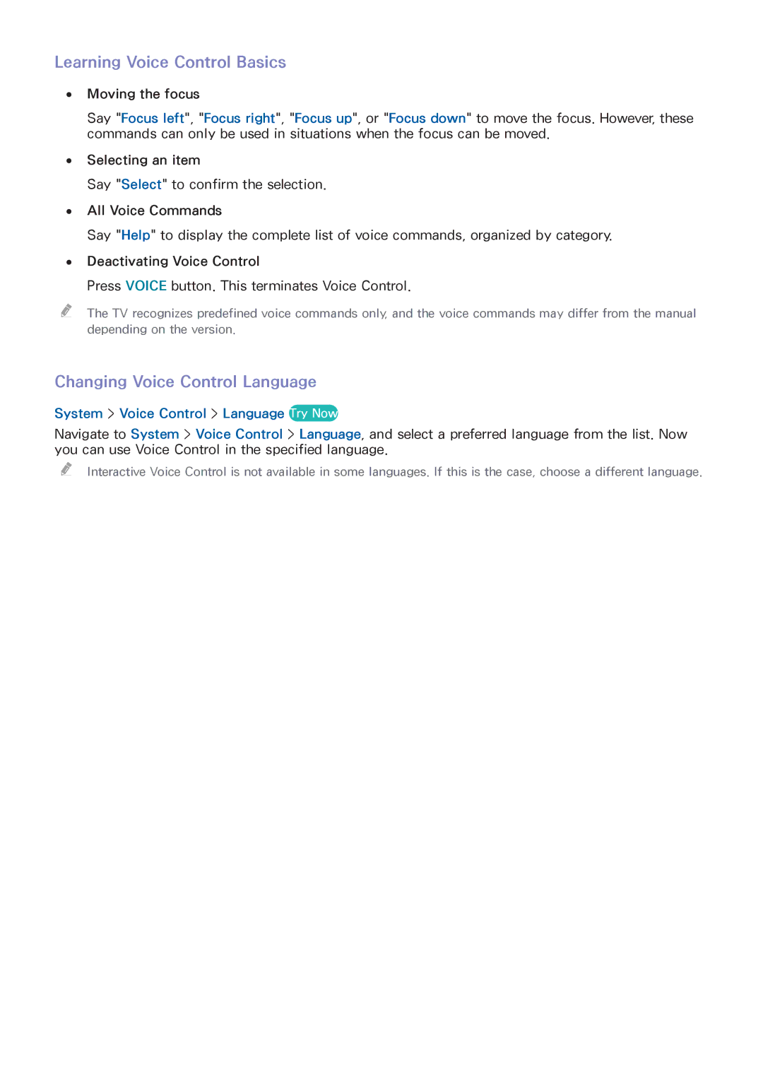 Samsung UA65HU8500RXMM, UA40HU7000RXSK, UA55HU7200RXSK manual Learning Voice Control Basics, Changing Voice Control Language 
