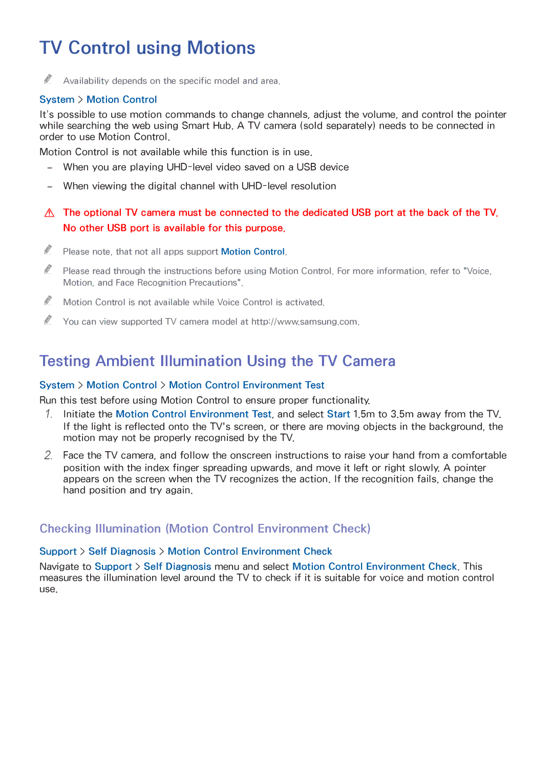 Samsung UA85HU8500RXUM TV Control using Motions, Testing Ambient Illumination Using the TV Camera, System Motion Control 