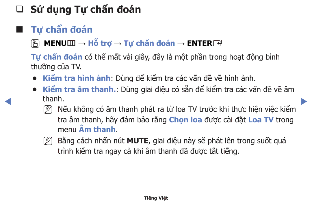 Samsung UA40J5000AKXXV, UA40J5200AKXXV Sử dụng Tự̣ chẩn đoán, OOMENUm → Hỗ trợ → Tự̣ chẩn đoán → Entere, Menu Âm thanh 