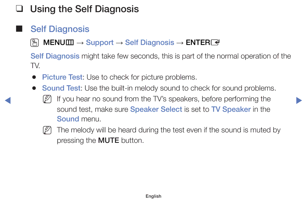 Samsung UA32J4003AWXSQ, UA40J5200AKXXV Using the Self Diagnosis, OO MENUm → Support → Self Diagnosis → Entere, Sound menu 