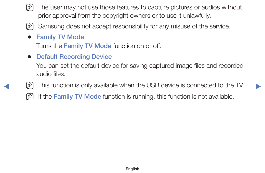 Samsung UA48J5000AKXXV, UA40J5200AKXXV, UA32J4003AKXXV, UA40J5000AKXXV manual Family TV Mode, Default Recording Device 