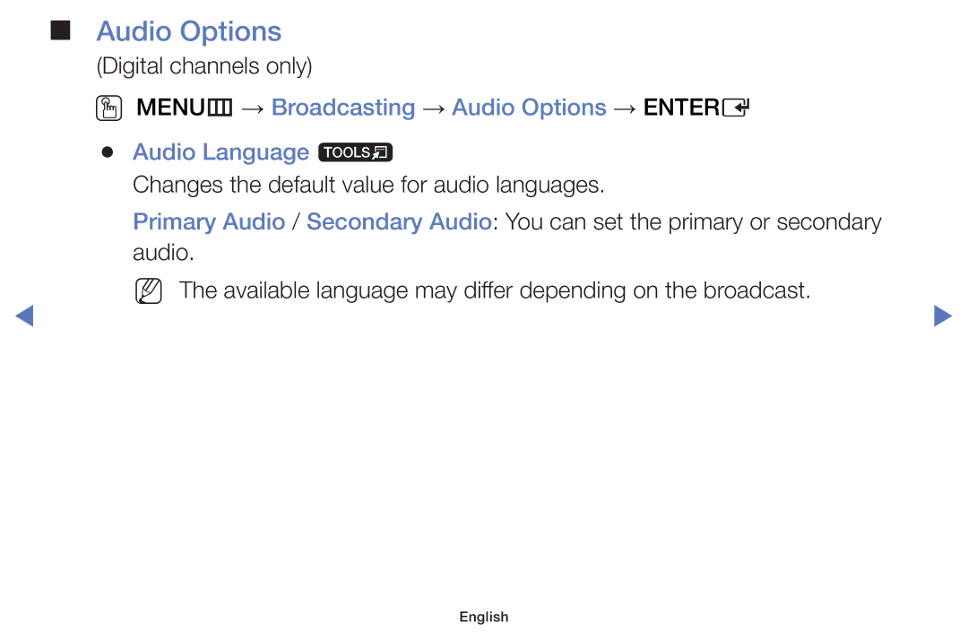 Samsung UA32J4003AWXSQ, UA40J5200AKXXV, UA32J4003AKXXV, UA40J5000AKXXV, UA48J5000AKXXV, UA24J4100AKXXV manual Audio Options 