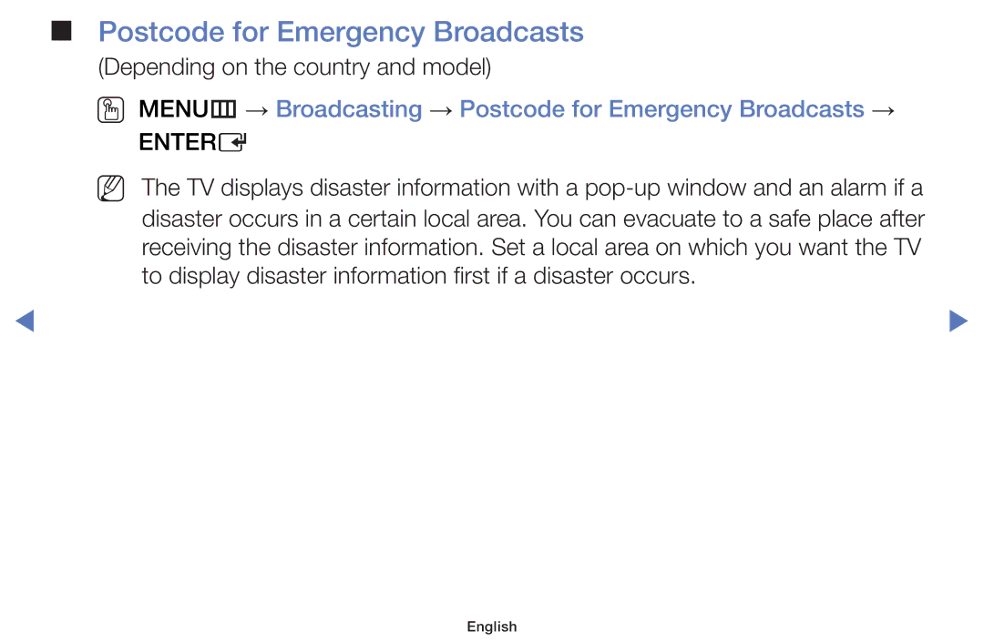 Samsung UA32J5100AWXSQ, UA40J5200AKXXV, UA32J4003AKXXV, UA40J5000AKXXV manual Postcode for Emergency Broadcasts, Entere 