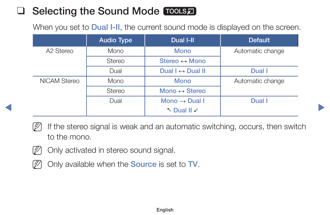 Samsung UA43J5100AKXXV, UA40J5200AKXXV, UA32J4003AKXXV, UA40J5000AKXXV Selecting the Sound Mode t, Audio Type Dual Default 