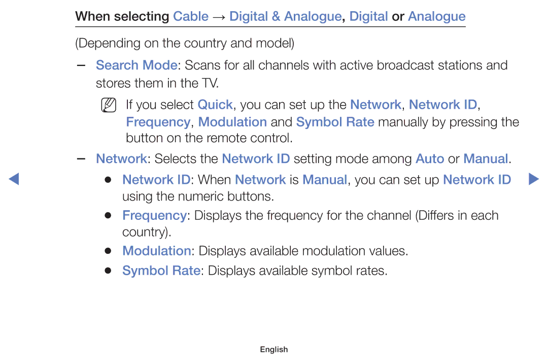 Samsung UA43J5100AKXXV, UA40J5200AKXXV, UA32J4003AKXXV Frequency, Modulation and Symbol Rate manually by pressing 