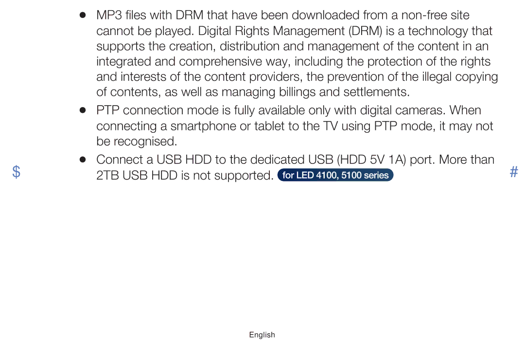 Samsung UA32J4100AWXSQ, UA40J5200AKXXV, UA32J4003AKXXV manual 2TB USB HDD is not supported. for LED 4100, 5100 series 