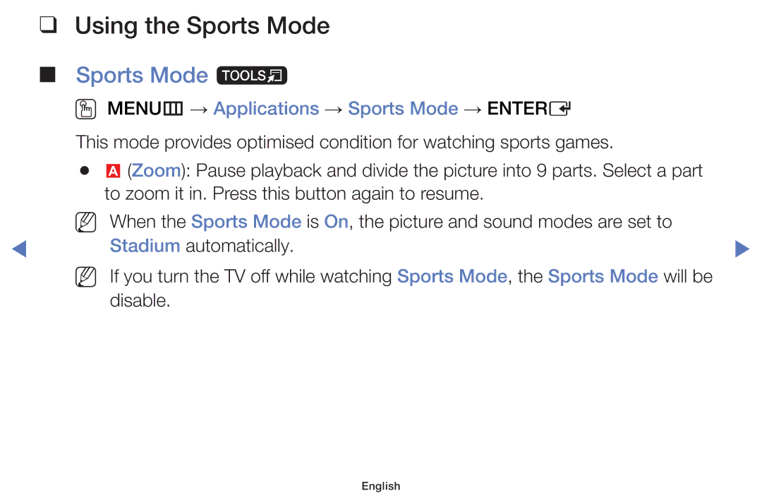 Samsung UA32J4003AKXXV manual Using the Sports Mode, Sports Mode t, OO MENUm → Applications → Sports Mode → Entere 