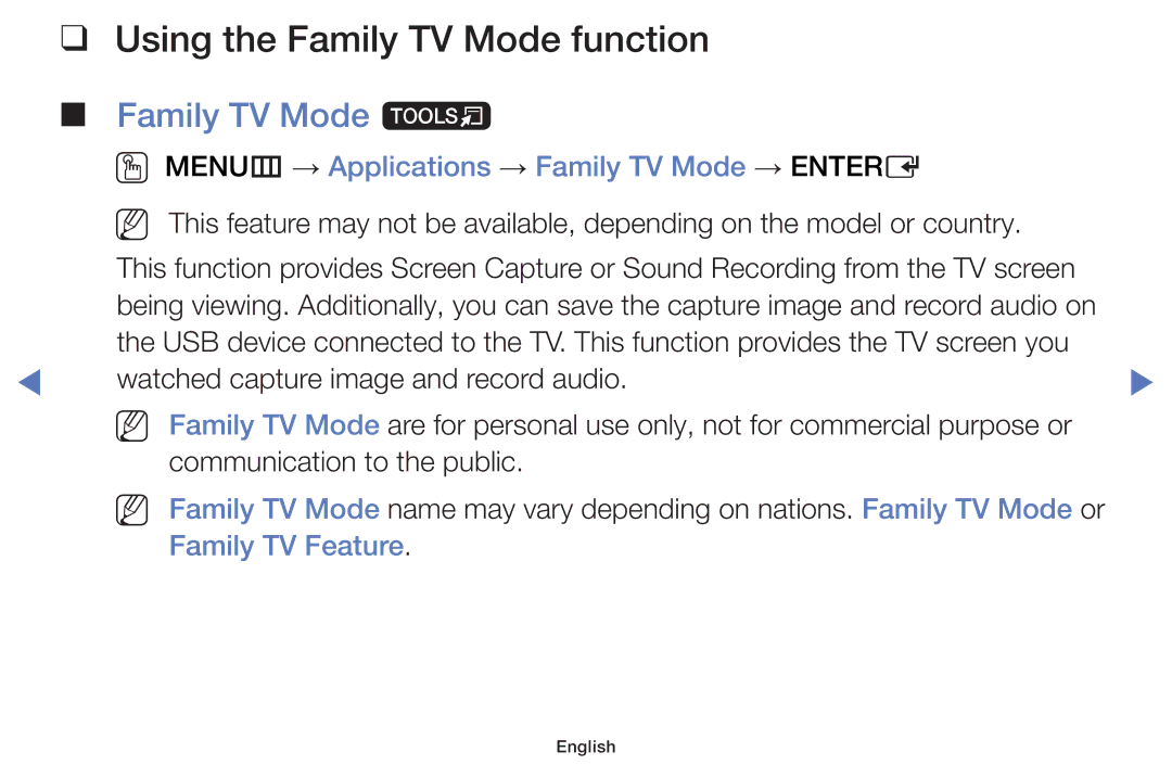 Samsung UA40J5000AKXXV, UA40J5200AKXXV manual Using the Family TV Mode function, Family TV Mode t, Family TV Feature 