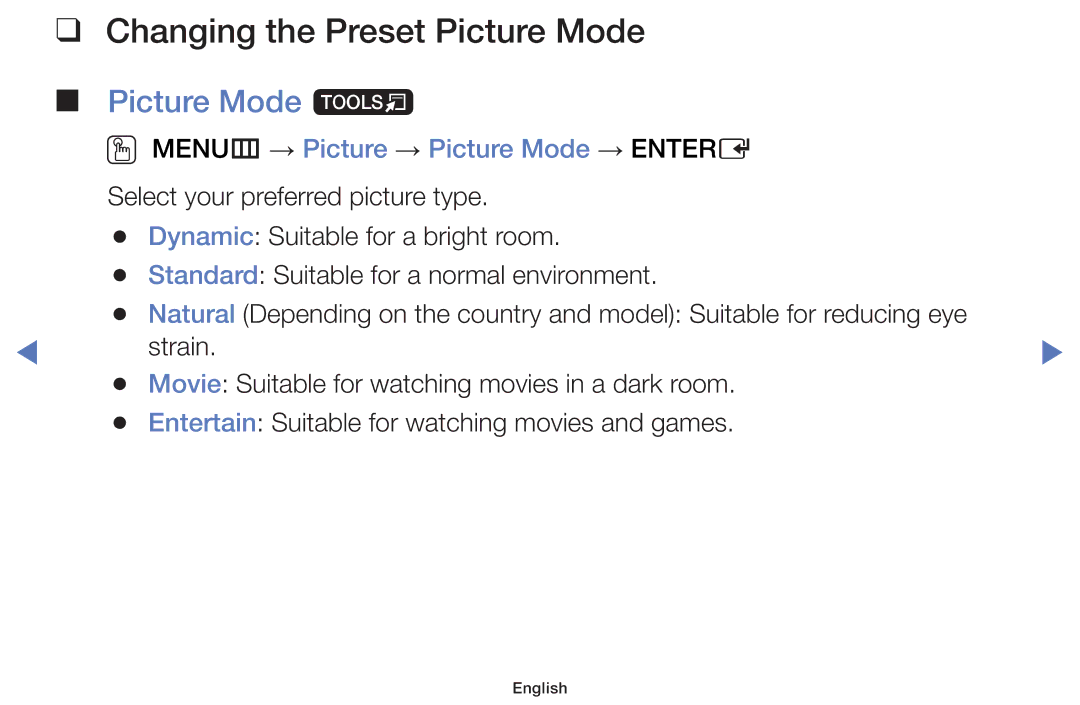 Samsung UA28J4100AWXSQ manual Changing the Preset Picture Mode, Picture Mode t, OO MENUm → Picture → Picture Mode → Entere 