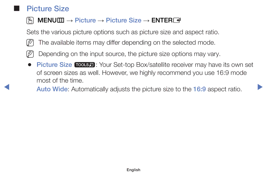 Samsung UA40J5200AKXXV, UA32J4003AKXXV, UA40J5000AKXXV, UA48J5000AKXXV manual OO MENUm → Picture → Picture Size → Entere 