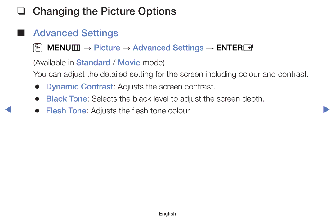 Samsung UA43J5100AKXXV, UA40J5200AKXXV Changing the Picture Options, OO MENUm → Picture → Advanced Settings → Entere 