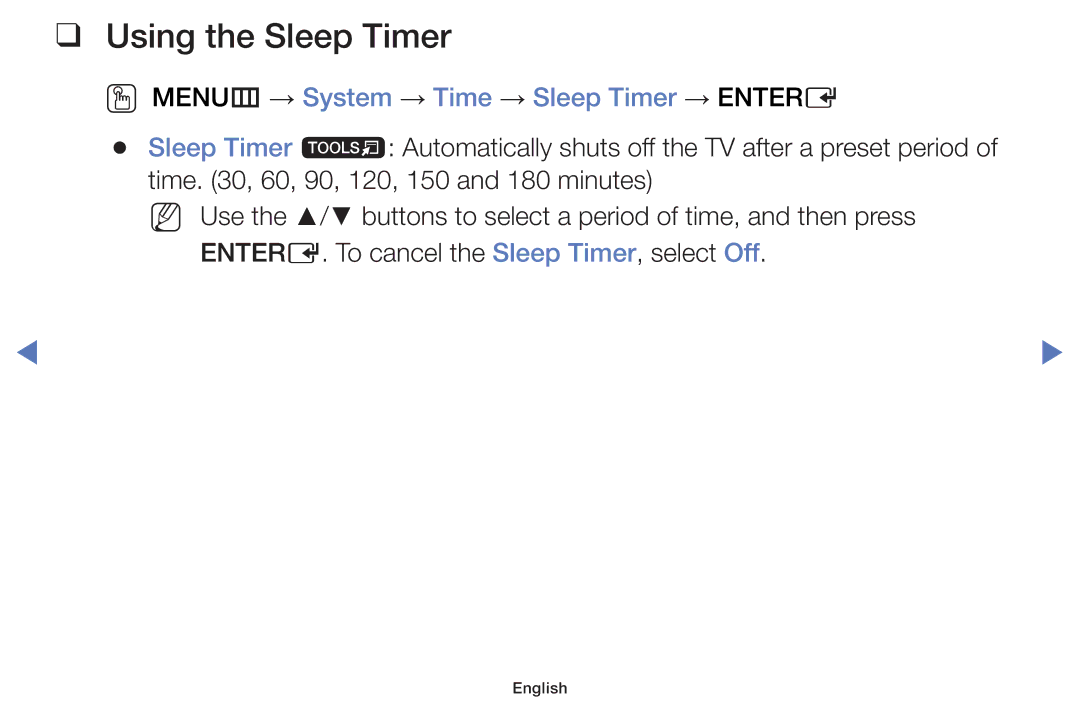 Samsung UA32J4003AWXSQ, UA40J5200AKXXV manual Using the Sleep Timer, OO MENUm → System → Time → Sleep Timer → Entere 