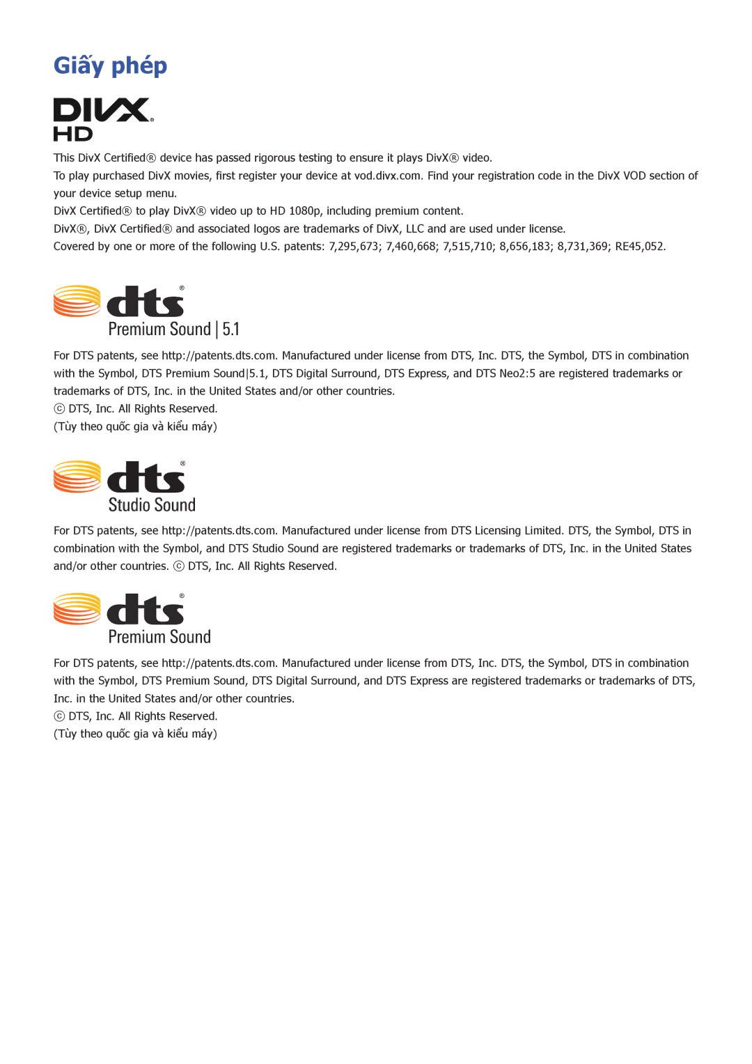 Samsung UA40J5200DKXXV, UA40J5200AKXXV, UA49J5200AKXXV, UA48J5200AKXXV, UA32J4303DKXXV, UA32J4303AKXXV manual Giấy phé́p 