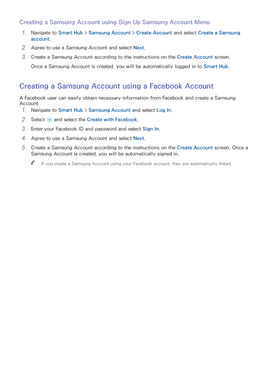 Samsung UA32J4003ARXUM, UA40J5200DRXUM, UA40J5200ARXUM, UA48J5200ARXUM Creating a Samsung Account using a Facebook Account 