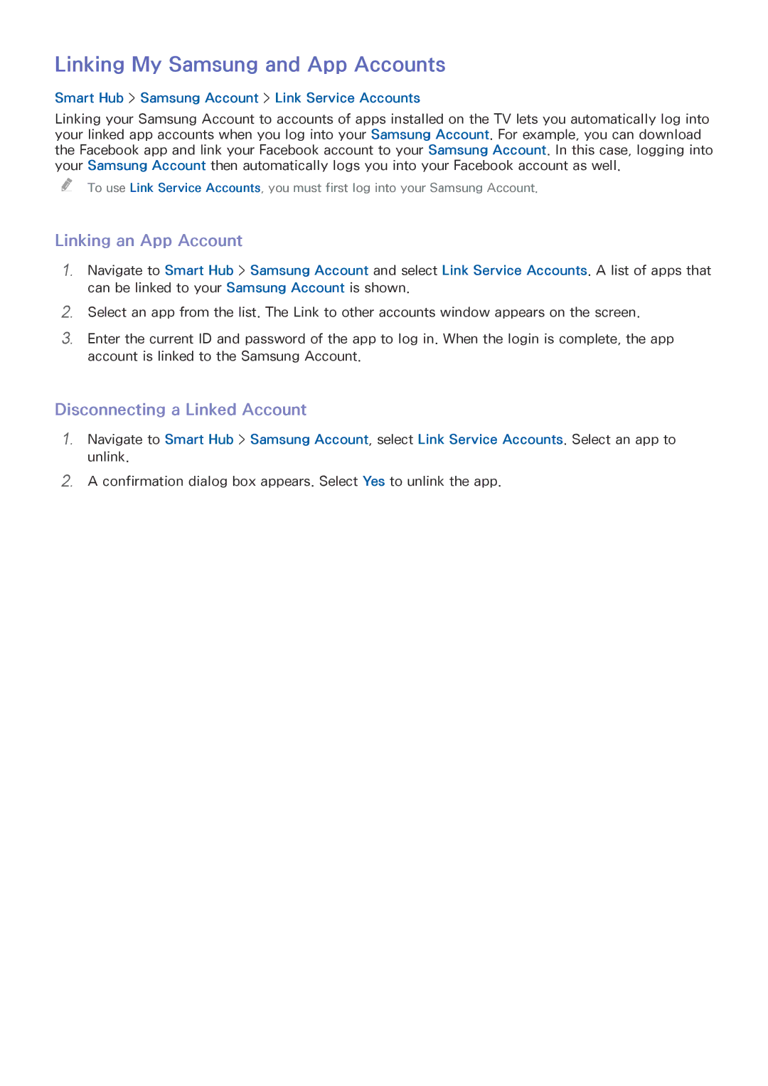 Samsung UA40J5200DRXUM manual Linking My Samsung and App Accounts, Linking an App Account, Disconnecting a Linked Account 