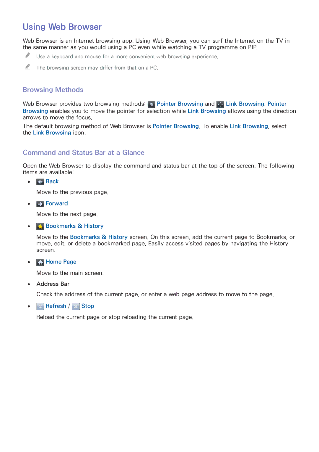 Samsung UA40J5200DRXUM, UA40J5200ARXUM manual Using Web Browser, Browsing Methods, Command and Status Bar at a Glance 