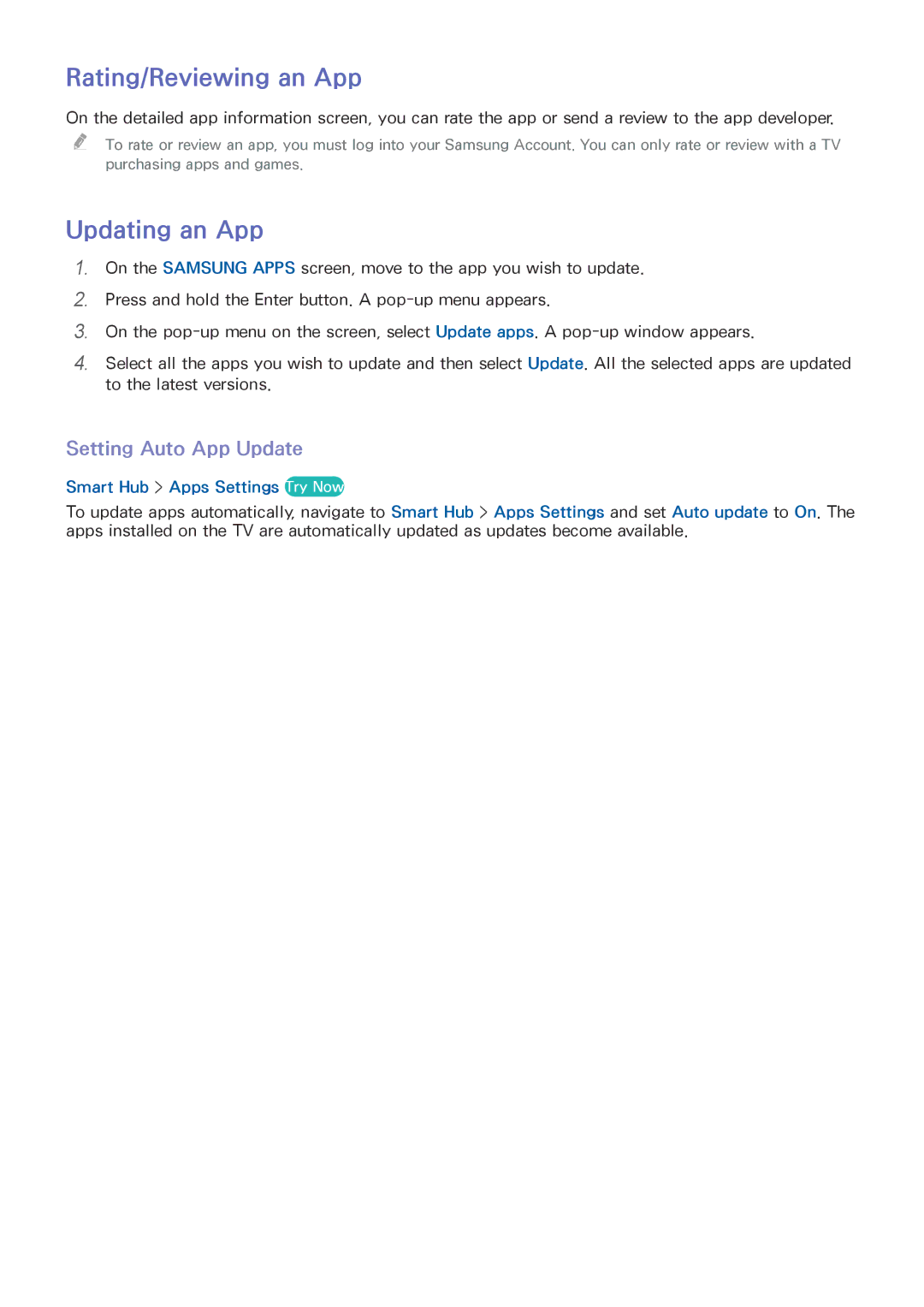 Samsung UA32J4003ARXUM Rating/Reviewing an App, Updating an App, Setting Auto App Update, Smart Hub Apps Settings Try Now 