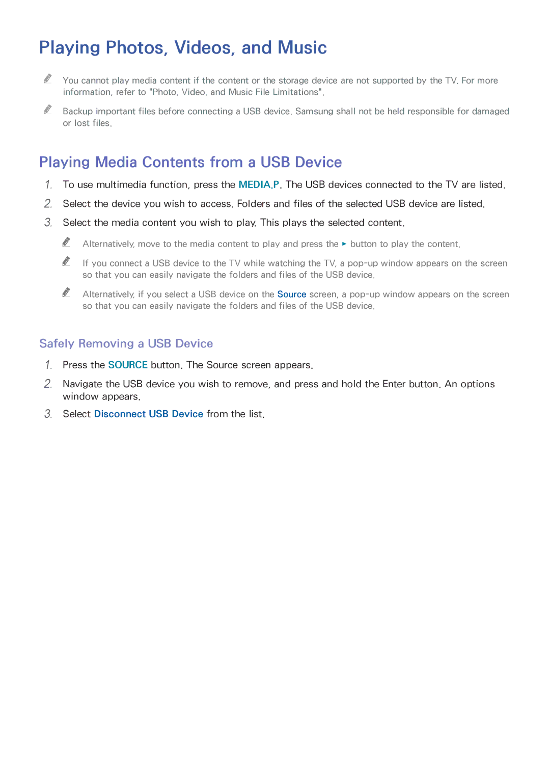 Samsung UA40J5200DRXUM, UA40J5200ARXUM manual Playing Photos, Videos, and Music, Playing Media Contents from a USB Device 