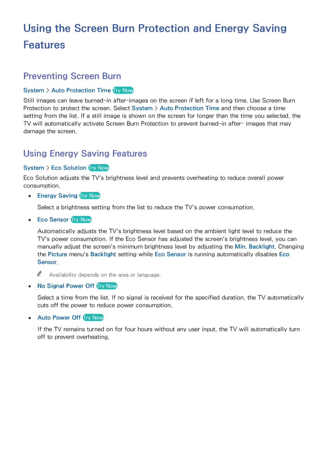 Samsung UA40J5250DKXXV manual Using the Screen Burn Protection and Energy Saving Features, Preventing Screen Burn 