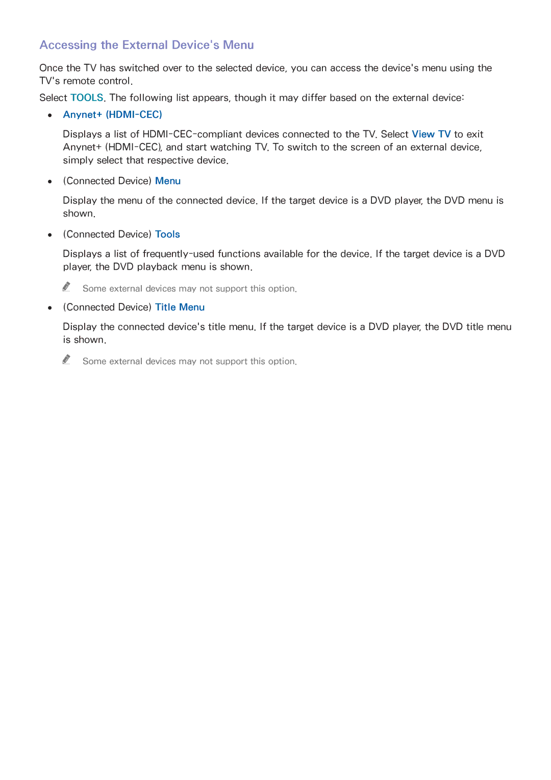 Samsung UA40J5250DKXXV manual Accessing the External Devices Menu, Anynet+ HDMI-CEC 