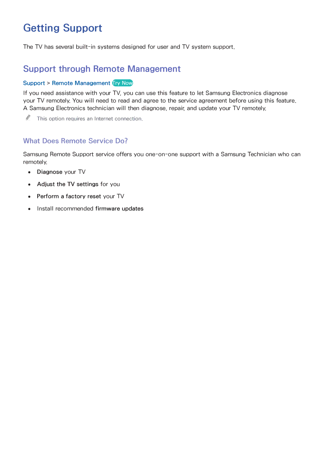 Samsung UA40J5250DKXXV manual Getting Support, Support through Remote Management, What Does Remote Service Do? 