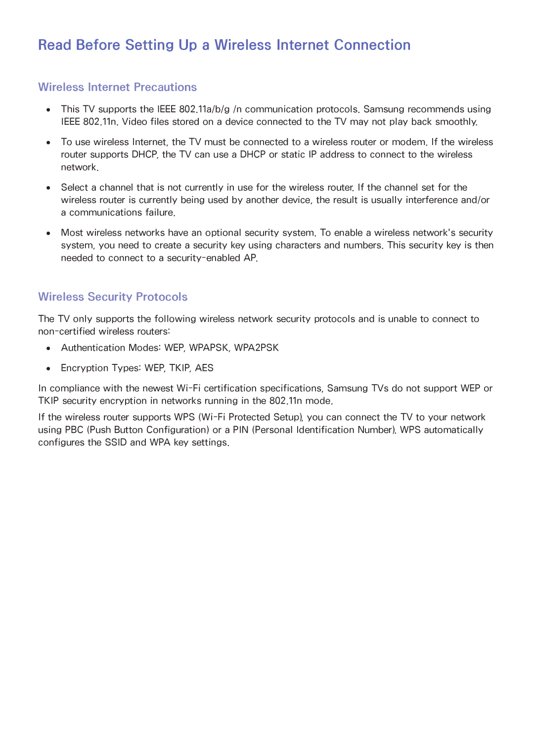 Samsung UA40J5250DKXXV manual Read Before Setting Up a Wireless Internet Connection, Wireless Internet Precautions 