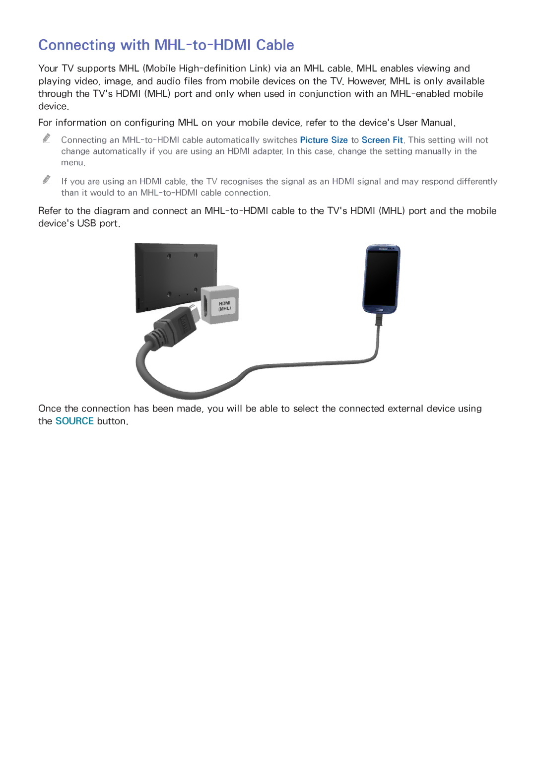 Samsung UA40J5250DKXXV manual Connecting with MHL-to-HDMI Cable 