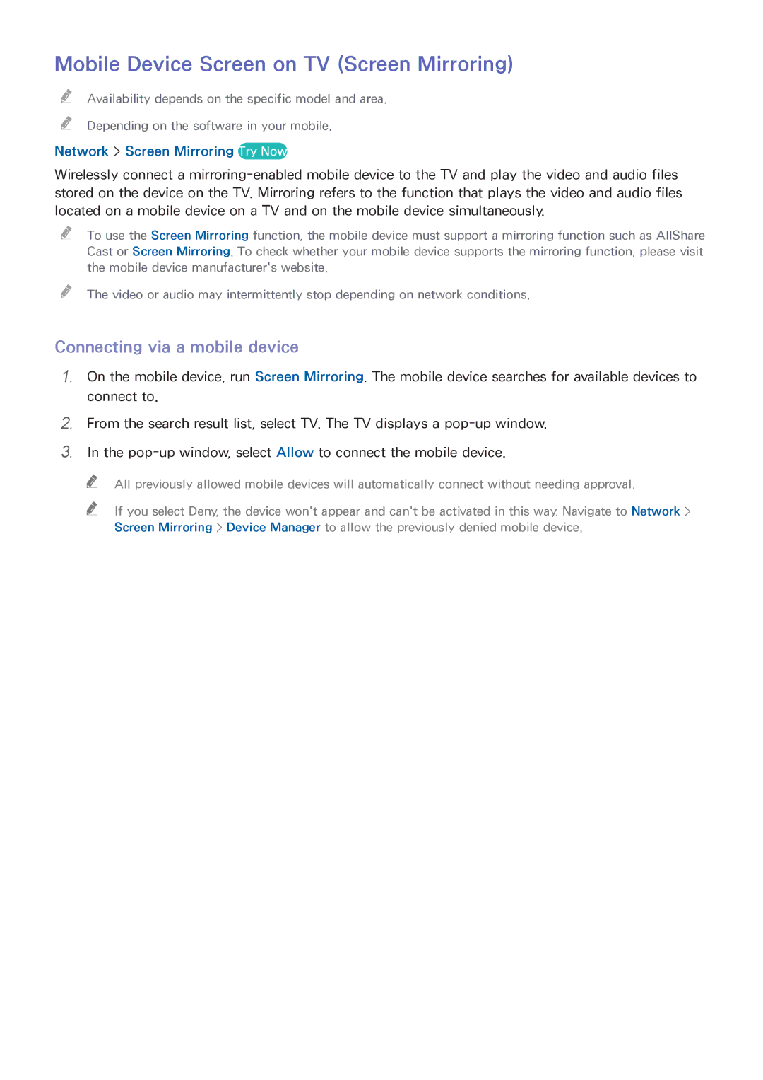 Samsung UA40J5250DKXXV manual Mobile Device Screen on TV Screen Mirroring, Connecting via a mobile device 