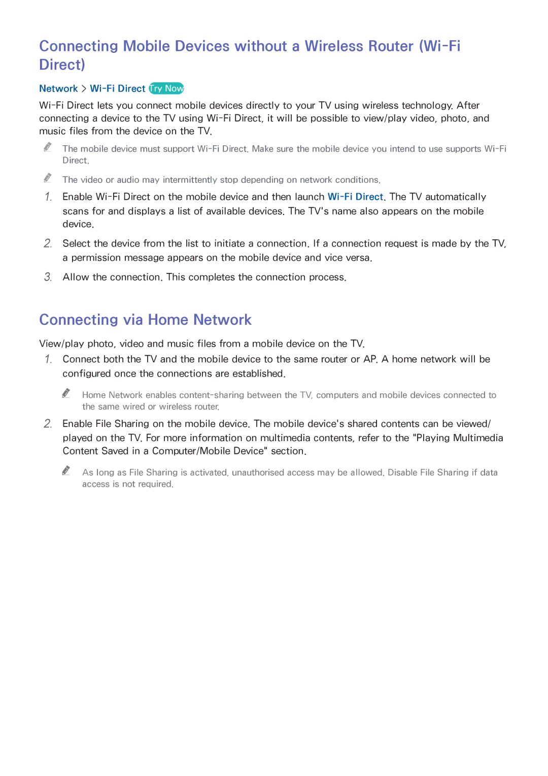 Samsung UA40J5250DKXXV manual Connecting via Home Network, Network Wi-Fi Direct Try Now 