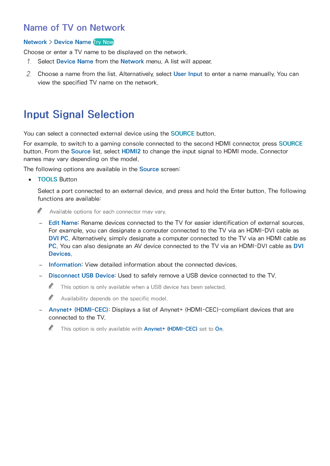 Samsung UA40J5250DKXXV manual Input Signal Selection, Name of TV on Network, Network Device Name Try Now 