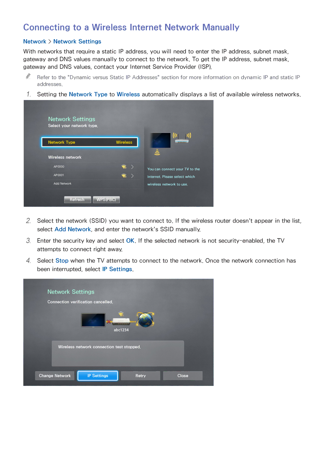 Samsung UA40J5250DKXXV manual Connecting to a Wireless Internet Network Manually, Wireless network 