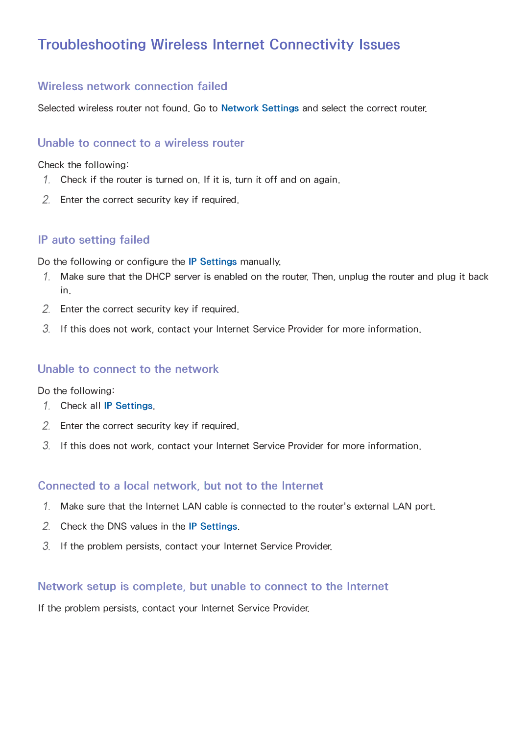 Samsung UA40J5250DKXXV manual Troubleshooting Wireless Internet Connectivity Issues, Wireless network connection failed 