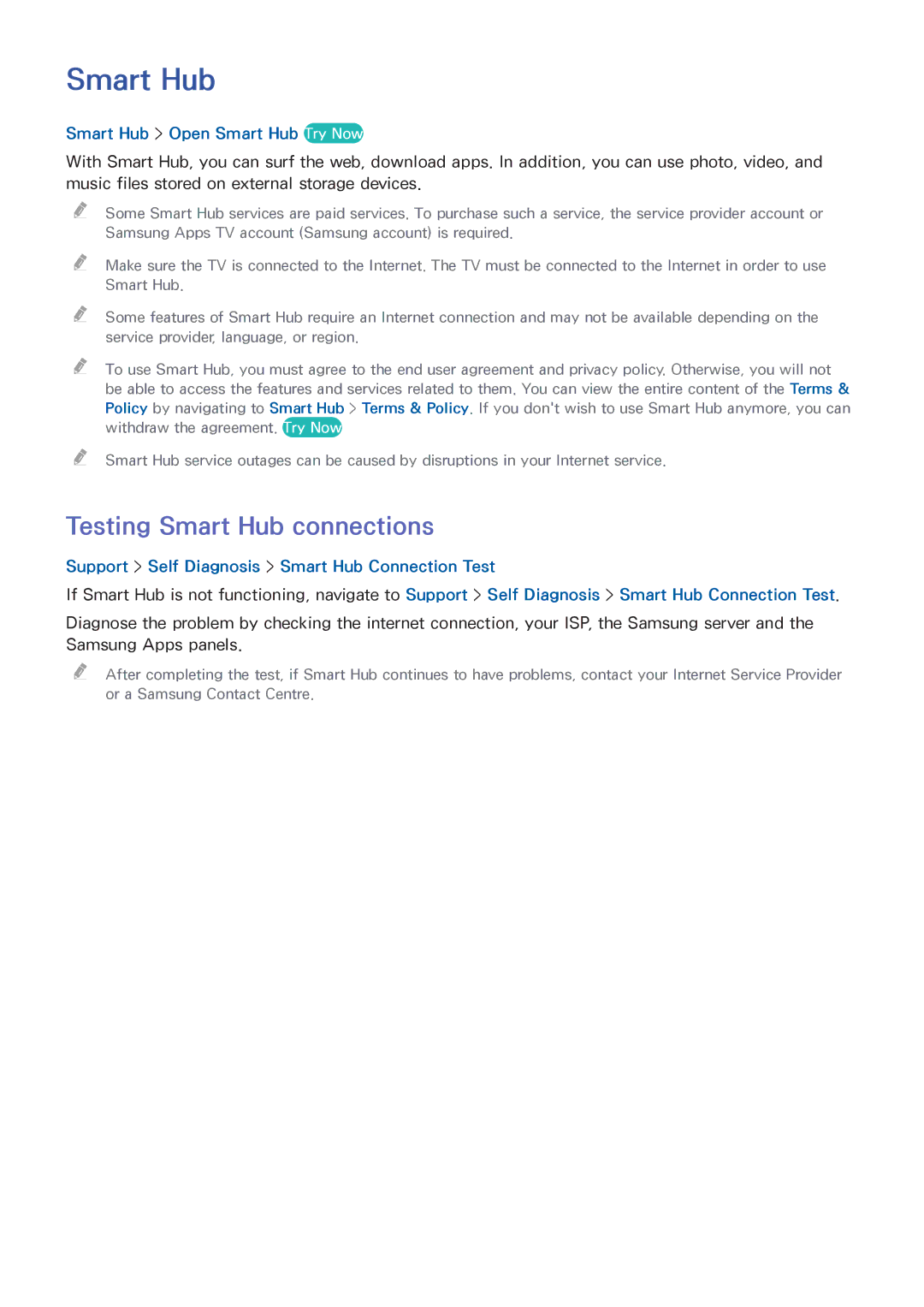 Samsung UA40J5250DKXXV manual Testing Smart Hub connections, Smart Hub Open Smart Hub Try Now 