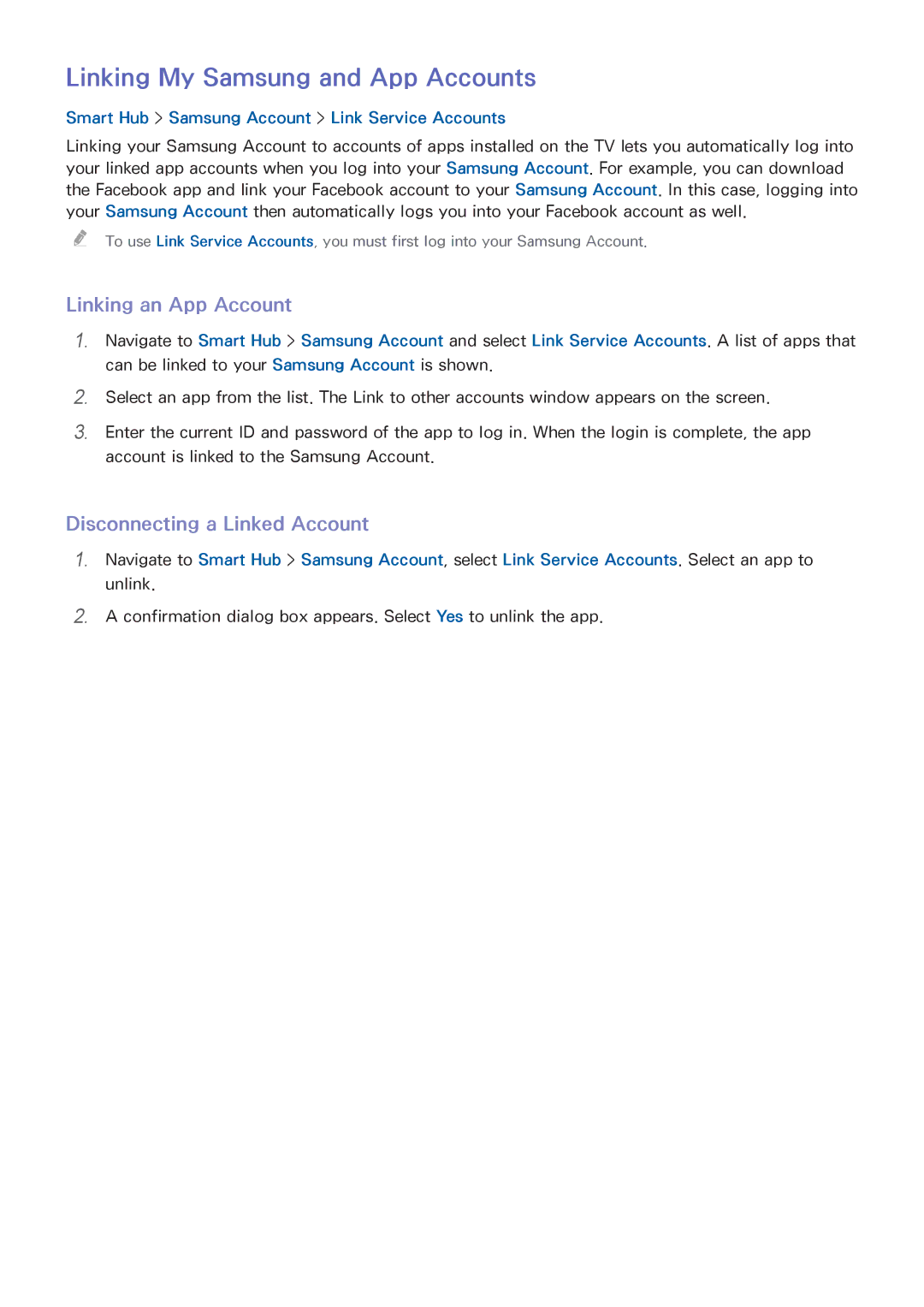 Samsung UA40J5250DKXXV manual Linking My Samsung and App Accounts, Linking an App Account, Disconnecting a Linked Account 