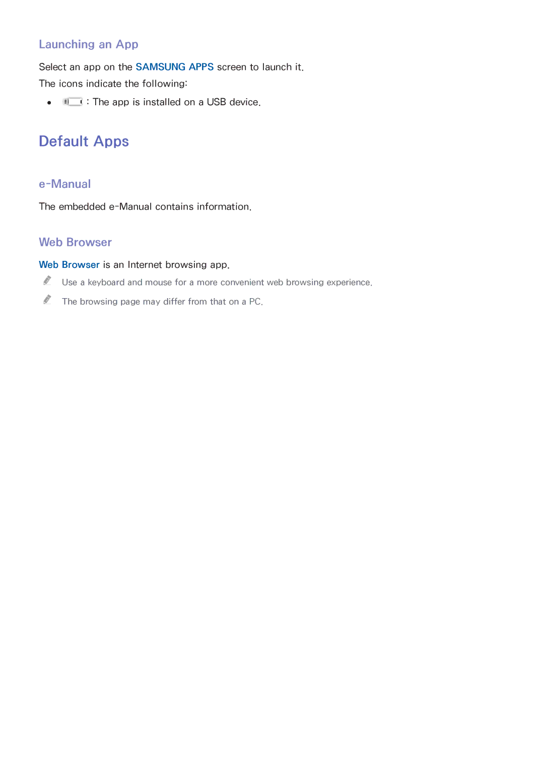 Samsung UA40J5250DKXXV manual Default Apps, Launching an App, Manual, Web Browser 