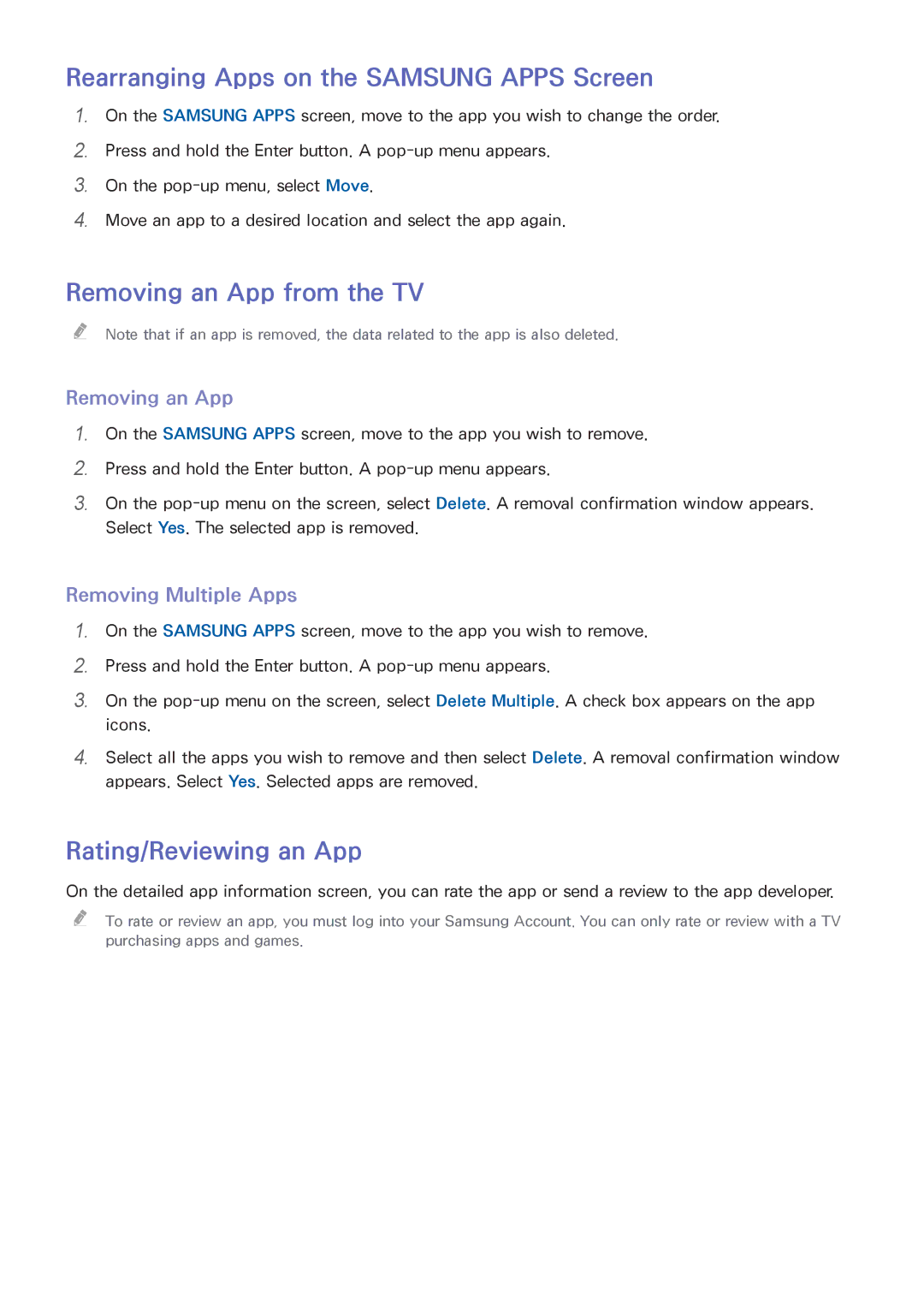 Samsung UA40J5250DKXXV manual Rearranging Apps on the Samsung Apps Screen, Removing an App from the TV 