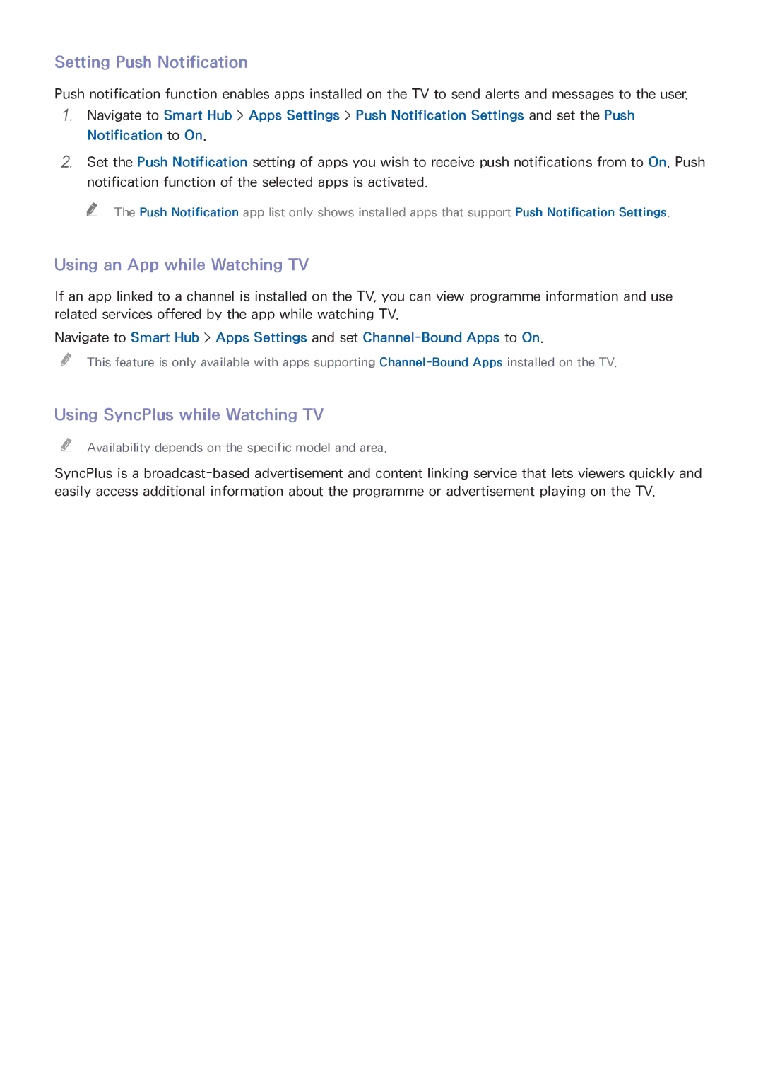 Samsung UA40J5250DKXXV manual Setting Push Notification, Using an App while Watching TV, Using SyncPlus while Watching TV 