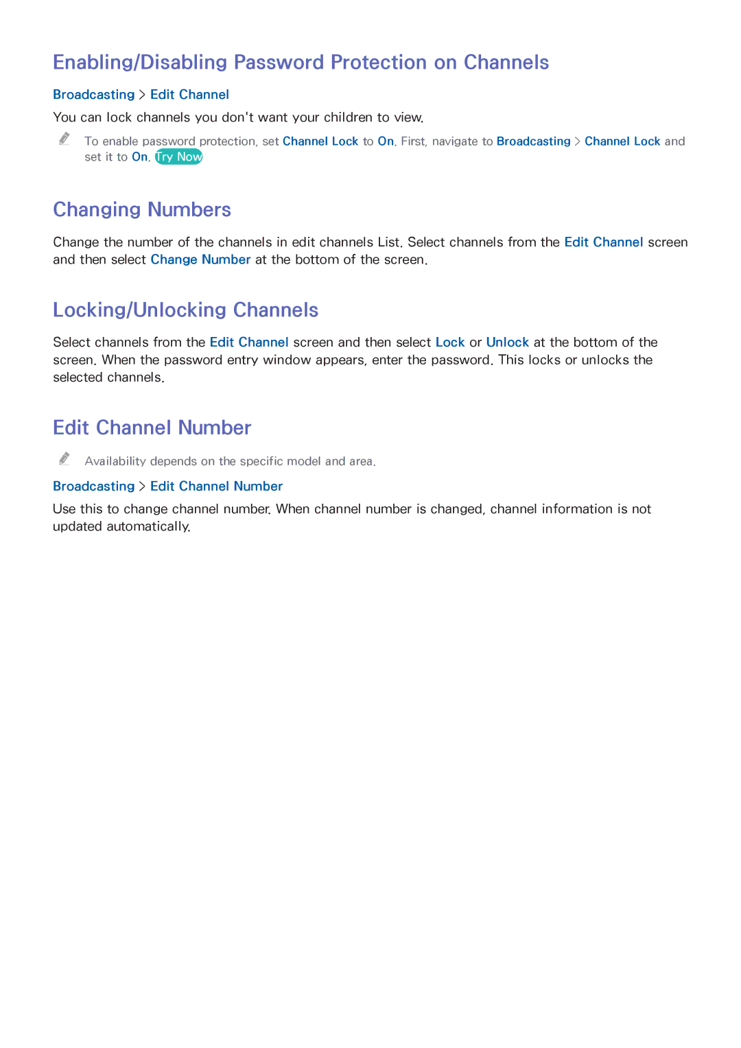 Samsung UA40J5250DKXXV Enabling/Disabling Password Protection on Channels, Changing Numbers, Locking/Unlocking Channels 