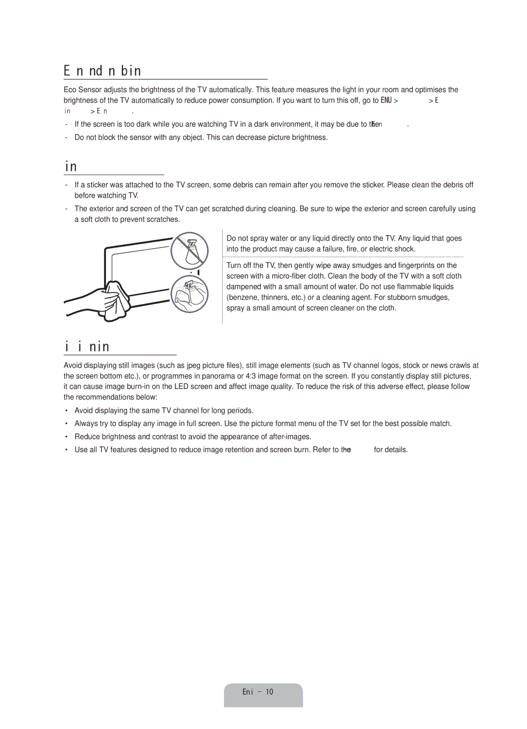 Samsung UA43J5500ARXUM, UA40J5500ARXSK manual Eco Sensor and screen brightness, Caring for the TV, Still image warning 