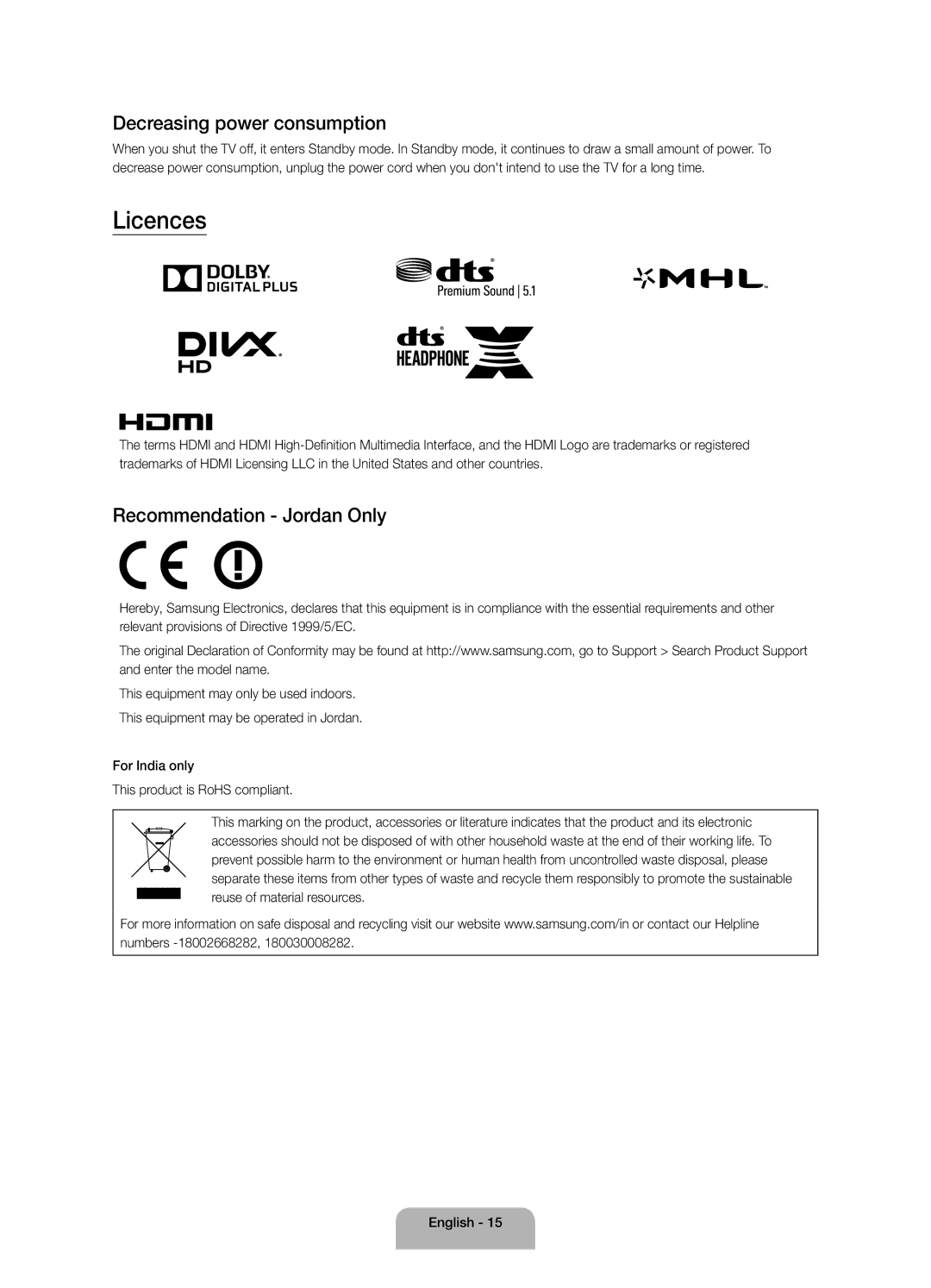 Samsung UA40J5500ARXUM, UA40J5500ARXSK, UA50J5500ARXUM Licences, Decreasing power consumption, Recommendation Jordan Only 