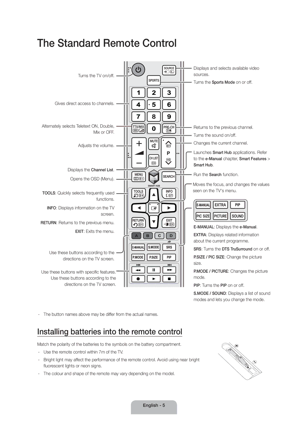 Samsung UA50J5500ARXUM, UA40J5500ARXSK manual Standard Remote Control, Installing batteries into the remote control 